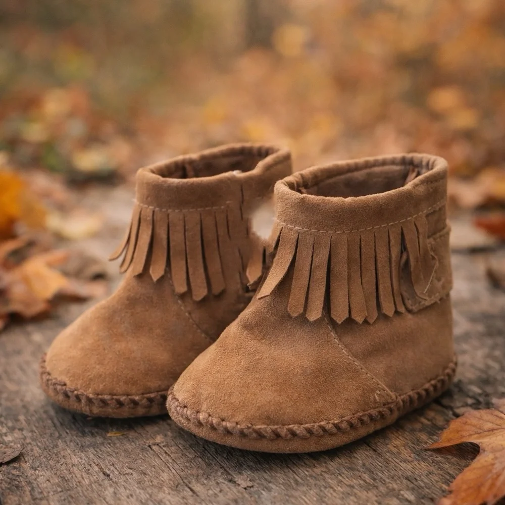 Teeny Toes Toddler Fringe Boots Brown Faux Suede Snap Closure Size 4